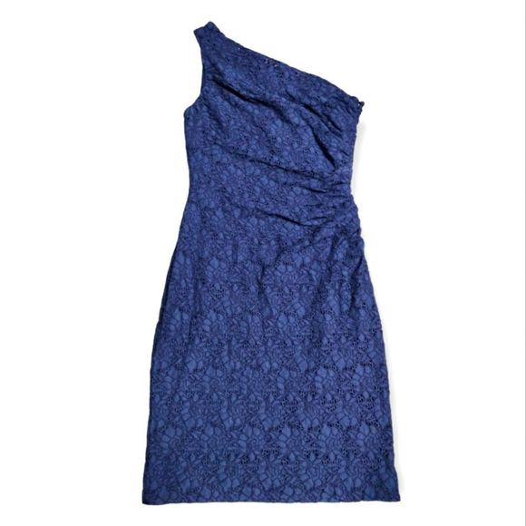 RALPH LAUREN BLUE ONE SHOULDER LACE FITTED EVENING DRESS SIZE 10 - Picture 1 of 6